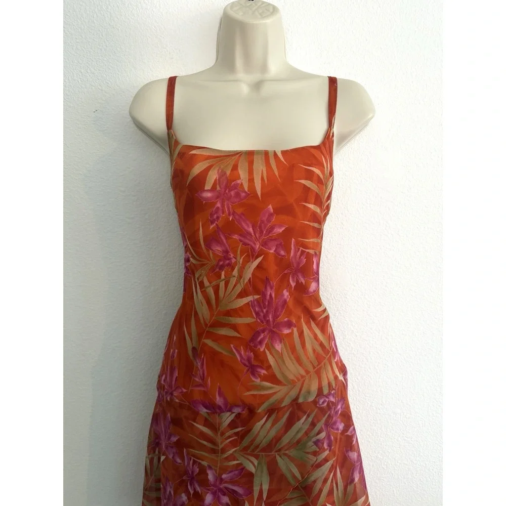 Vintage Y2K Slip Dress Midi Sz 12 Orange Tropical Chiffon Meghan Matthews Resort